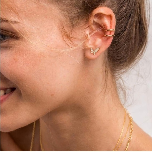 GOLD 14k Gold Plated Cubic Zirconia Butterfly Stud Earrings - Picture 3 of 3